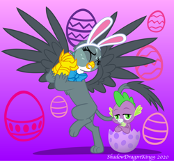 Size: 1280x1183 | Tagged: safe, artist:efernothedragon, artist:nightdragon09, artist:shadowdragonking9, gabby, spike, dragon, griffon, g4, bow, bowtie, cute, easter, easter bunny, easter egg, female, gabbybetes, holiday, male, ship:spabby, shipping, straight