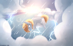 Size: 2880x1800 | Tagged: safe, artist:perezadotarts, derpy hooves, pegasus, pony, g4, cloud, crying, cutie mark, digital art, female, lens flare, lightning, rain, solo, sunlight, teary eyes, text, water