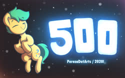 Size: 3200x2000 | Tagged: safe, artist:perezadotarts, oc, oc only, oc:pen sketchy, earth pony, pony, 500 followers, cutie mark, floating, glowing, happy, high res, lights, milestone, question and answer, smiling, text, twitter