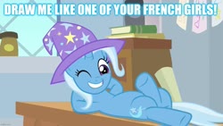 Size: 1280x720 | Tagged: safe, edit, edited screencap, screencap, trixie, pony, a horse shoe-in, g4, caption, clothes, draw me like one of your french girls, female, hat, image macro, meme, misleading thumbnail, solo, text, trixie's hat