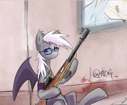 Size: 640x529 | Tagged: safe, artist:美味的芥末, oc, oc only, oc:night wind, bat pony, pony, bat pony oc, bat wings, glasses, gun, looking at you, sitting, solo, weapon, wings