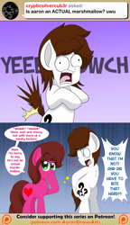 Size: 1769x3072 | Tagged: safe, artist:aarondrawsarts, oc, oc:brain teaser, oc:rose bloom, earth pony, pony, ask, ask brain teaser, bipedal, biting, brainbloom, butt bite, duo, literal butthurt, ouch, pain, tumblr