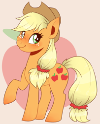 Size: 912x1122 | Tagged: safe, artist:mymzi, applejack, earth pony, pony, g4, apple, cowboy hat, cute, female, food, hat, jackabetes, looking at you, mare, pink background, simple background, solo