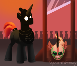 Size: 756x648 | Tagged: safe, artist:mrraapeti, oc, oc only, pony, skinwalker, unicorn, comic:skinwalker, execution, executioner, guillotine, imminent death, imminent decapitation, inkieverse, male, monster