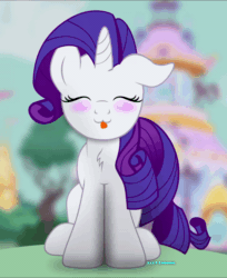 Size: 600x736 | Tagged: safe, artist:bastbrushie, part of a set, rarity, pony, g4, :3, animated, bastbrushie is trying to kill us, blushing, carousel boutique, cute, daaaaaaaaaaaw, eyes closed, female, fluffy, front view, full face view, gif, happy, hnnng, horn, house, rarara, raribetes, silly, silly pony, sitting, solo, tail, text, tongue out, tree