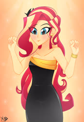 Size: 2261x3264 | Tagged: safe, artist:xan-gelx, sunset shimmer, equestria girls, g4, alternate hairstyle, bare shoulders, black dress, blushing, bracelet, clothes, cute, dress, ear piercing, eye clipping through hair, eyebrows, eyebrows visible through hair, eyelashes, female, gradient background, high res, jewelry, lips, lipstick, little black dress, piercing, shimmerbetes, signature, sleeveless, solo, strapless