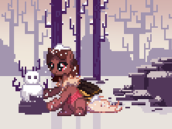 Size: 1000x750 | Tagged: safe, artist:niehuaisang, oc, oc only, oc:flechette, changeling, moth, mothling, original species, female, forest, pixel art, snow, snowman, solo, tree, winter