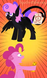 Size: 458x760 | Tagged: safe, artist:mrraapeti, pinkie pie, oc, oc:inky, earth pony, hybrid, pony, comic:skinwalker, g4, female, inkieverse, interspecies offspring, lineless, mare, offspring, parent:pinkie pie, parent:tantabus, prehensile tail, shocked, tail hold