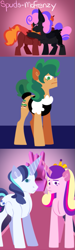 Size: 359x1200 | Tagged: safe, artist:mrraapeti, princess cadance, shining armor, oc, oc:eclipse, oc:inky, alicorn, earth pony, hybrid, pony, unicorn, comic:skinwalker, g4, clothes, comic, eyes closed, female, filly, hug, inkieverse, interspecies offspring, maid, male, mare, offspring, parent:pinkie pie, parent:tantabus, stallion