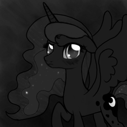 Size: 800x800 | Tagged: safe, artist:nimaru, princess luna, alicorn, pony, g4, female, floppy ears, grayscale, mare, monochrome, solo