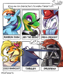 Size: 1200x1433 | Tagged: safe, artist:sunny way, rainbow dash, oc, lizard, pegasus, pony, anthro, g4, bust, coco bandicoot, crossover, droideka, feather, female, final fantasy, final fantasy ix, freya crescent, gex, mare, non-mlp oc, non-pony oc, portrait, six fanarts, star wars, wings