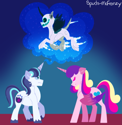 Size: 931x956 | Tagged: safe, artist:mrraapeti, princess cadance, shining armor, alicorn, pony, skinwalker, unicorn, comic:skinwalker, g4, crying, female, inkieverse, male, mare, monster, stallion