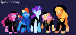 Size: 1050x492 | Tagged: safe, artist:mrraapeti, applejack, fluttershy, pinkie pie, rainbow dash, rarity, earth pony, pegasus, pony, unicorn, comic:skinwalker, g4, clothes, crying, female, inkieverse, mare, skirt