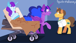 Size: 1072x609 | Tagged: safe, artist:mrraapeti, doctor horse, doctor stable, rarity, twilight sparkle, alicorn, pony, unicorn, comic:skinwalker, g4, clothes, crying, female, inkieverse, male, mare, stallion, twilight sparkle (alicorn)