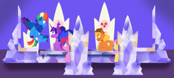 Size: 2243x1018 | Tagged: safe, artist:mrraapeti, applejack, fluttershy, pinkie pie, rainbow dash, twilight sparkle, alicorn, earth pony, pegasus, pony, comic:skinwalker, g4, cutie map, female, friendship throne, inkieverse, mare, sitting, story included, twilight sparkle (alicorn)