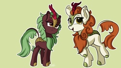 Size: 3840x2160 | Tagged: safe, artist:sadtrooper, autumn blaze, cinder glow, summer flare, kirin, g4, cute, duo, green background, happy, high res, open mouth, simple background