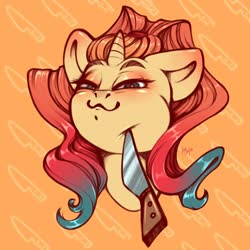 Size: 2048x2048 | Tagged: safe, artist:amishy, oc, oc only, oc:sheron, pony, unicorn, :3, bust, female, high res, knife, knife cat, looking at you, mare, meme, ponified meme, portrait, smug, solo