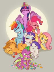 Size: 3000x4000 | Tagged: safe, artist:emerald-light, applejack, fluttershy, pinkie pie, rainbow dash, rarity, spike, twilight sparkle, alicorn, dragon, earth pony, pegasus, pony, unicorn, g4, angry, arrogant, bedroom eyes, big crown thingy, blushing, claws, covering eyes, cowboy hat, crossed arms, crossed legs, cupcake, dragon hoard, eating, element of magic, evil smile, evil spike, female, food, frog (hoof), furious, gem, glare, greed spike, greedy, grin, gritted teeth, hat over eyes, high res, hoof hold, jealous, jewelry, lazy, looking at you, male, mane hold, mane seven, mane sin, mane six, mare, multicolored hair, pinkie being pinkie, ponytail, pouting, rariflirt, regalia, seven deadly sins, sin of envy, sin of gluttony, sin of greed, sin of lust, sin of pride, sin of sloth, sin of wrath, slit pupils, smiling, smirk, spread wings, stetson, straw in mouth, twilight sparkle (alicorn), underhoof, vein, vein bulge, wall of tags, winged spike, wings