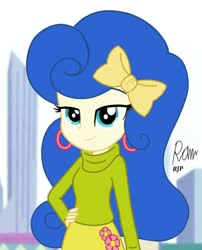 Size: 850x1050 | Tagged: safe, artist:rjp.rammy, blueberry curls, equestria girls, g4, bedroom eyes, bow, clothes, ear piercing, earring, equestria girls-ified, female, hair bow, hooped earrings, jewelry, piercing, skirt, solo, sweater