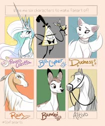 Size: 1173x1400 | Tagged: safe, artist:probablyfakeblonde, princess celestia, alicorn, cat, deer, fawn, horse, pony, g4, altivo, bambi, bill cipher, bowtie, bridle, bust, collar, crossover, disney, duchess, female, gravity falls, hat, jewelry, male, mare, one of these things is not like the others, peytral, rain (character), rain (spirit: stallion of the cimarron), six fanarts, spirit: stallion of the cimarron, tack, the aristocats, the road to el dorado, tiara, top hat