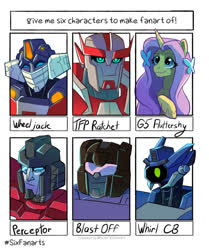 Size: 569x679 | Tagged: safe, artist:spookyunicornus, fluttershy, pony, unicorn, g4, blastoff, bust, crossover, female, fluttershy (g5 concept leak), g5 concept leaks, hairclip, mare, one of these things is not like the others, perceptor, ratchet, six fanarts, transformers, unicorn fluttershy, wheeljack, whirl