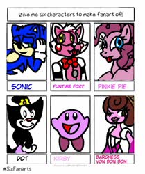 Size: 818x977 | Tagged: safe, artist:kadiwright3, pinkie pie, earth pony, pony, puffball, g4, :p, baroness von bon bon, bust, crossover, cuphead, female, five nights at freddy's, funtime foxy, kirby, kirby (series), male, mare, nintendo, sega, six fanarts, smiling, sonic the hedgehog, sonic the hedgehog (series), studio ghibli, tongue out
