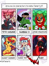 Size: 1500x2000 | Tagged: safe, artist:pixelz011, sunset shimmer, human, pony, unicorn, g4, book, clothes, codename kids next door, crossover, female, glasses, johnny test, kasane teto, knuckles the echidna, kuki sanban, lab coat, male, numbuh 3, numbuh 4, ruby rose, rwby, six fanarts, sonic the hedgehog (series), susan test, wallabee beatles
