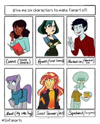 Size: 1280x1582 | Tagged: safe, artist:liviedoesart, maud pie, sunset shimmer, earth pony, human, octopus, pony, vampire, anthro, equestria girls, g4, spoiler:steven universe, adventure time, anthro with ponies, blouse, book, clothes, coffee mug, connie maheswaran, crossed arms, crossover, cup, dress, female, frown, grin, gwen (total drama), jacket, male, marceline, mare, marshall lee, mug, peace sign, rule 63, shirt, six fanarts, smiling, spoilers for another series, spongebob squarepants, squidward tentacles, steven universe, steven universe future, total drama
