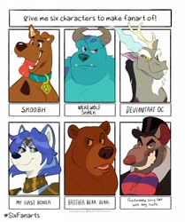 Size: 1072x1280 | Tagged: safe, artist:igiveyoulemons, discord, bear, dog, draconequus, fox, rat, anthro, g4, brother bear, bust, choker, clothes, crossover, female, hat, james p. sullivan, kenai, krystal, male, monsters inc., professor ratigan, scooby-doo, scooby-doo!, six fanarts, smiling, smirk, star fox, the great mouse detective, top hat