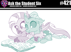 Size: 800x585 | Tagged: safe, artist:sintakhra, ocellus, silverstream, changedling, changeling, classical hippogriff, hippogriff, tumblr:studentsix, g4, book, changelings in the comments, cute, diaocelles, diastreamies, female, hug, post-it, prone, reading, smiling, stair keychain
