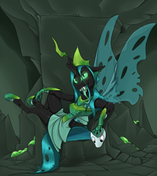 Size: 1250x1400 | Tagged: safe, artist:sinrar, queen chrysalis, changeling, changeling queen, anthro, unguligrade anthro, g4, armor, clothes, crown, fangs, female, jewelry, looking at you, lounging, mask, regalia, solo, tongue out, transparent wings, ultimate chrysalis, wings