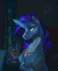 Size: 1024x1264 | Tagged: safe, artist:malinetourmaline, pinkie pie, rarity, pony, unicorn, fanfic:the enchanted kingdom, fanfic:the enchanted library, g4, brooch, cup, curtains, digital art, digital painting, fanfic art, female, filigree, horn, jewelry, magic, magic aura, moonlight, necklace, picture frame, purple mane, sad eyes, solo focus, spoon, teacup, white coat