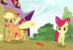 Size: 380x258 | Tagged: safe, screencap, apple bloom, applejack, g4, going to seed, adorabloom, apple sisters, cropped, cute, duo, female, galloping, jackabetes, siblings, sisters, smiling, sweet apple acres
