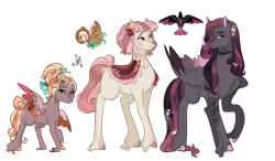 Size: 2300x1347 | Tagged: safe, artist:bunnari, oc, oc only, oc:crow symphony, oc:gentle lullaby, oc:giselle bird, earth pony, pegasus, pony, female, filly, hair over one eye, magical lesbian spawn, male, mare, offspring, parent:fluttershy, parent:octavia melody, parents:fluttertavia, siblings, simple background, stallion, transparent background, unshorn fetlocks