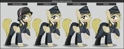 Size: 1280x512 | Tagged: safe, artist:brony-works, oc, oc only, earth pony, pony, boots, clothes, earth pony oc, eyelashes, female, greatcoat, hat, helmet, luftwaffe, mare, nazi germany, raised hoof, reference sheet, shoes, smiling, solo, uniform, world war ii