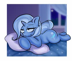 Size: 1024x878 | Tagged: safe, artist:yutakira92, trixie, pony, unicorn, g4, :t, bed, bored, curtains, female, mare, on bed, pillow, prone, solo, window