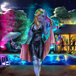 Size: 4000x4000 | Tagged: safe, artist:ringekochan, pinkie pie, rainbow dash, rarity, equestria girls, and then there's rarity, balloon, black dress, breasts, cleavage, clothes, commission, commissioner:ajnrules, digital art, dress, faint, lipstick, little black dress, moon, night, party, rainbow dash always dresses in style, sexy, sinfully sexy, stars, stupid sexy rainbow dash, swimming pool, towel, umbrella, water, wet clothes, wet dress, ych result