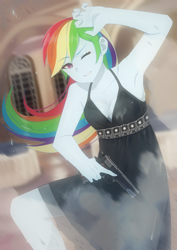 Size: 2480x3508 | Tagged: safe, artist:yanafian, rainbow dash, equestria girls, armpits, black dress, breasts, busty rainbow dash, cleavage, clothes, commission, commissioner:ajnrules, dress, female, gun, handgun, little black dress, m1911, one eye closed, party, pistol, rainbow dash always dresses in style, shielding face, solo, sprinkler, weapon, wet clothes, wet dress, ych result