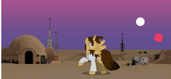 Size: 7744x3600 | Tagged: safe, artist:ejlightning007arts, oc, oc only, oc:ej, alicorn, pony, alicorn oc, binary sunset, boxes, clothes, crossover, hill, horn, looking up, luke skywalker, raised hoof, solo, spread wings, star wars, star wars: a new hope, sunset, two suns, wings