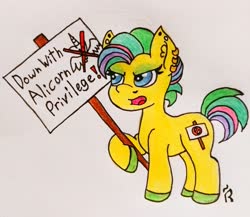 Size: 3120x2709 | Tagged: safe, artist:dawn-designs-art, oc, oc only, oc:karen, earth pony, pony, angry, blue eyes, female, green mane, high res, karen, mare, protest, social justice warrior, solo, traditional art, yellow coat