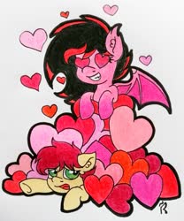 Size: 3041x3649 | Tagged: oc name needed, safe, artist:dawn-designs-art, oc, oc only, bat pony, earth pony, pony, bat pony oc, bat wings, crushing, heart, heart eyes, high res, holiday, love, pile, traditional art, valentine's day, wingding eyes, wings