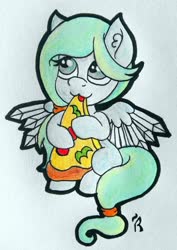 Size: 2850x4020 | Tagged: oc name needed, safe, artist:dawn-designs-art, oc, oc only, pegasus, pony, base used, crystal wings, cute, eating, food, pizza, sitting, solo, traditional art, wings