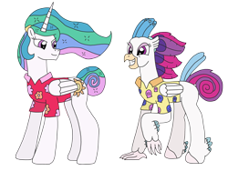 Size: 3264x2448 | Tagged: safe, artist:supahdonarudo, princess celestia, queen novo, alicorn, classical hippogriff, hippogriff, pony, fanfic:a royal getaway, between dark and dawn, g4, my little pony: the movie, clothes, excited, hawaiian shirt, high res, ponytail, shirt, simple background, transparent background, vacation
