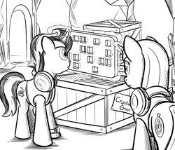 Size: 700x600 | Tagged: safe, artist:sirvalter, oc, oc only, oc:patrimony, oc:scoperage, oc:weatherglass, pony, unicorn, fanfic:steyblridge chronicle, black and white, clothes, crate, crystal castle, crystal empire, fanfic, fanfic art, female, grayscale, headphones, hooves, horn, illustration, male, mare, monochrome, reference, stallion