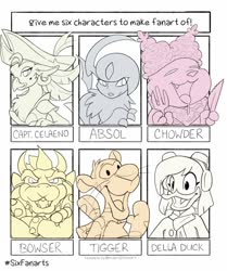 Size: 754x900 | Tagged: safe, artist:crumb_mouse, captain celaeno, absol, big cat, bird, duck, griffon, koopa, tiger, g4, my little pony: the movie, bowser, chest fluff, chowder, chowder (character), crossed arms, crossover, della duck, ear piercing, earring, female, fork, hat, jewelry, knife, limited palette, male, open mouth, piercing, pirate, pirate hat, pokémon, six fanarts, smiling, spiked wristband, tigger, wristband