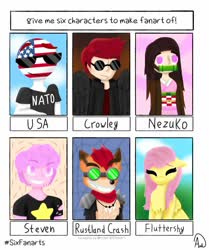 Size: 858x1024 | Tagged: safe, artist:alice91686113, fluttershy, bandicoot, demon, gem (race), human, hybrid, pegasus, pony, anthro, g4, spoiler:steven universe, spoiler:steven universe future, anthony j. crowley, anthro with ponies, bust, chest fluff, clothes, countryhumans, crash bandicoot, crash bandicoot (series), crossover, eyes closed, female, goggles, good omens, grin, jewelry, kimetsu no yaiba, kimono (clothing), male, mare, meme, necklace, nezuko kamado, pink steven, six fanarts, smiling, spoilers for another series, steven quartz universe, steven universe, steven universe future, sunglasses, united states, wings