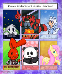 Size: 857x1024 | Tagged: safe, artist:deadnymaster, fluttershy, bear, incineroar, panda, pegasus, pony, rabbit, anthro, g4, 31 minutos, abstract background, animal, anthro with ponies, asriel dreemurr, cigar, clever fox moxie, clothes, crossover, female, lonely wolf treat, male, mare, one eye closed, pokémon, raised hoof, sharp teeth, six fanarts, smoking, teeth, undertale, wink