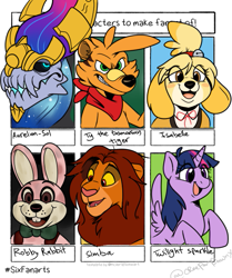 Size: 569x679 | Tagged: safe, artist:creeperdawnx, twilight sparkle, alicorn, big cat, dog, lion, pony, rabbit, tiger, anthro, g4, angry, animal, animal crossing, anthro with ponies, aurelion sol, bowtie, crossover, female, isabelle, male, mare, meme, open mouth, silent hill, simba, six fanarts, smiling, the lion king, twilight sparkle (alicorn), ty the tasmanian tiger
