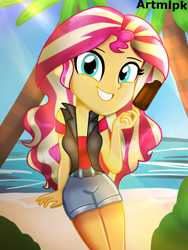Size: 1536x2048 | Tagged: safe, artist:artmlpk, sunset shimmer, equestria girls, g4, adorable face, alternate design, alternate hairstyle, beach, beautiful, chocolate, clothes, cute, denim, denim shorts, female, food, jacket, leather jacket, looking at you, ocean, outfit, palm tree, popsicle, shimmerbetes, smiling, smiling at you, solo, tree, water