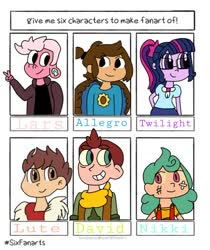 Size: 720x859 | Tagged: safe, artist:annabumbleby, sci-twi, twilight sparkle, oc, oc:allegro, human, equestria girls, g4, bandaid, camp camp, child, clothes, crossover, david (camp camp), female, glasses, grin, lars barriga, lute (monster hunter), male, monster hunter, nikki (camp camp), non-mlp oc, peace sign, pink lars, rooster teeth, six fanarts, smiling, spoilers for another series, steven universe, steven universe: the movie
